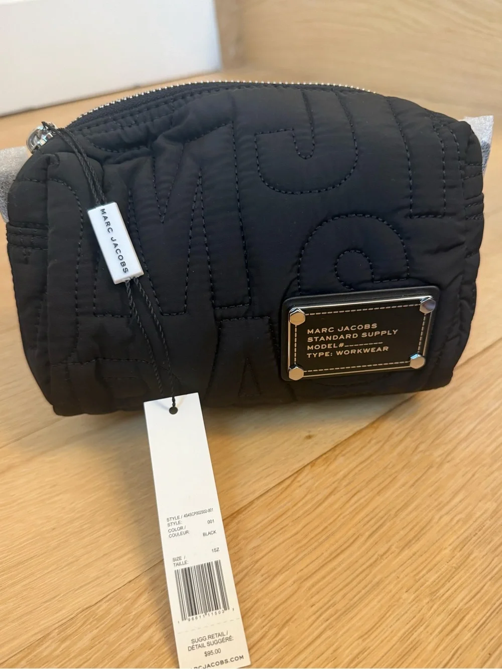 Authentic Marc Jacobs Black Quilted Logo Cosmetic Case Pouch with Plaque